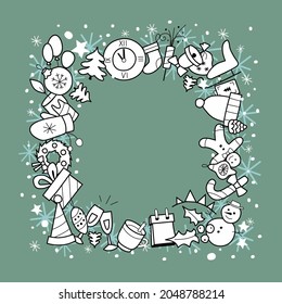 christmas frame square. ornament new year - vector flat style illustration. holiday design elements - toys, gifts, drinks. winter decoration
