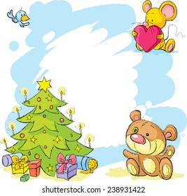 christmas frame with teddy bear, cute mouse and bird - funny vector background illustration