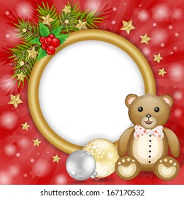 Christmas frame with teddy bear over branches and snowflakes decoration 