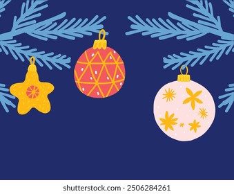 Christmas frame template, hanging balls and star on fir tree branches, modern flat vector illustration