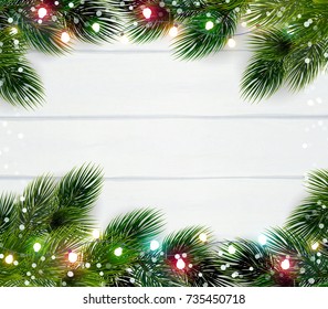 Christmas frame template with pine twigs  decorated by colorful electric lights realistic vector Illustration