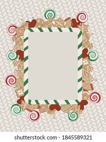 Christmas frame template with traditional holiday decor. Blank holiday frame decorated with sweets and ginger cookies. 