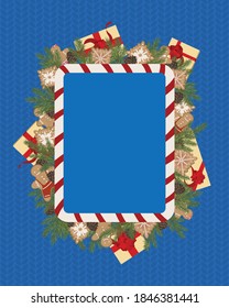 Christmas frame template with traditional holiday decor. Blank frame with presents and other Christmas symbols. 
