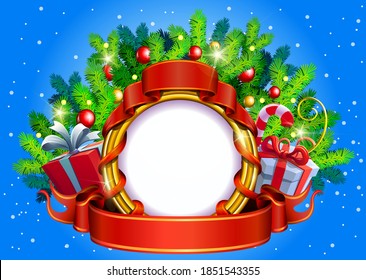 Christmas frame for text, in the form of a gold ring with coniferous branches, ribbons and gift boxes.