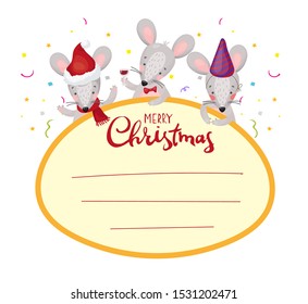 Christmas frame for text. Label, tag, window with cute mice. Sticker with New Year s rats for postcards and greetings. Stock vector in flat cartoon style isolated on white background.