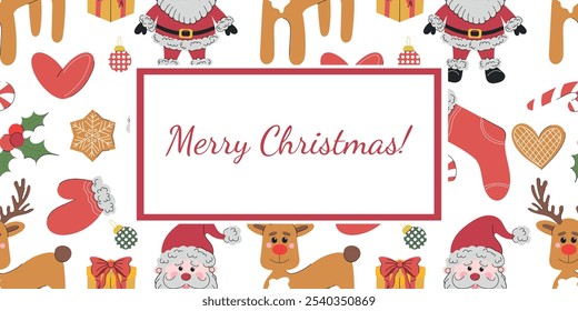 Christmas frame for text with stocking, santa claus, rein deer, gingerbread cookies, candy cane, holly berry plant tree decorations, gift box on white background. Hand drawn vector flat illustration