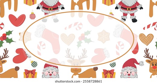 Christmas frame for text with stocking, santa claus, rein deer, gingerbread cookies, candy cane, holly berry plant tree decorations, gift box on white background. Hand drawn vector flat illustration