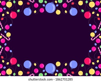 Christmas frame, top view of Christmas decorations with copy space. Colorful Christmas balls. Design a template for invitations, leaflets and greeting cards. Vector illustration