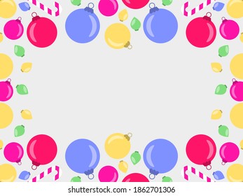Marco de Navidad, vista superior de las decoraciones navideñas con espacio de copia. Bolas de Navidad coloridas. Diseñar una plantilla para invitaciones, folletos y tarjetas de felicitación. Ilustración del vector