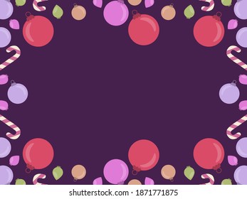 Christmas frame, top view of Christmas decorations with copy space. Colorful Christmas balls and candy canes. Design a template for invitations, leaflets and greeting cards. Vector illustration