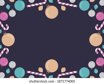 Christmas frame, top view of Christmas decorations with copy space. Colorful Christmas balls and candy canes. Design a template for invitations, leaflets and greeting cards. Vector illustration