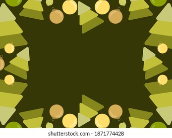 Christmas frame, top view of Christmas decorations with copy space. Christmas balls and Christmas trees, flat style. Design a template for invitations, leaflets and greeting cards. Vector illustration