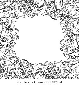 Christmas frame with Christmas tree, gift box, bells in doodle style. Floral, ornate, decorative, tribal design elements. Black and white background.  Zentangle coloring book page