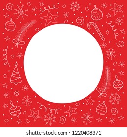 Christmas frame with Christmas tree, snowflake, candys in doodle style. Vector illustration.
