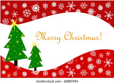 Christmas frame with two Christmas trees and snowflakes over red