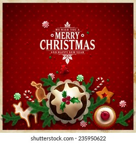 Marco de Navidad con composición tipográfica de Navidad decorado con dulces, pastelitos, galletas, dulces, pudín de Navidad y cuentas de vidrio. 