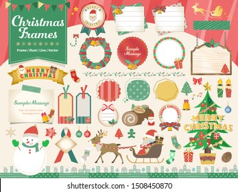 Christmas frame vector illustration set / Merry christmas party / Santa,snowman,deer,christmas tree / for Labels, Badges, Icons etc.