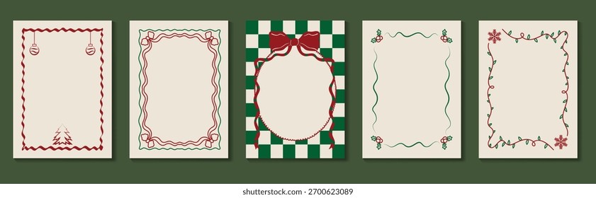 Christmas frame vector illustration set with red and green ribbons, bows, holly leaves and festive decorations — elegant holiday design for greeting cards, invitations, posters and packaging prints.