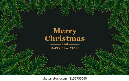 Christmas frame.  Vector template with green fir branches on dark background.