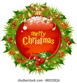 Christmas frame vector. Xmas ball, holly, ribbon