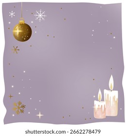 Marco de Navidad con Elementos de acuarela. Velas pintadas a mano, chucherías, estrellas y copos de nieve. Fondo púrpura
