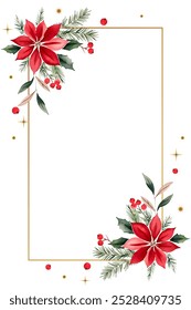 Christmas frame with watercolor fir branches, christmas flower and place for text. Xmas botanical card. 