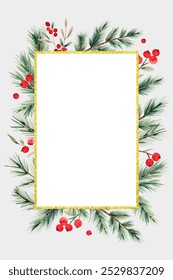 Christmas frame with watercolor fir branches, berries, snowflakes and place for text. New year poster