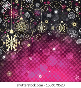 Christmas frame with white, purple and golden snowflakes on a gradient bokeh background.  Place for text. Vector image. Eps 10