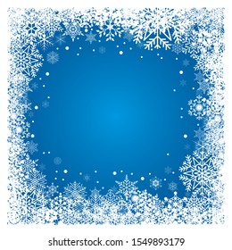 Christmas frame with white snowflakes on blue background. Vector festive background.