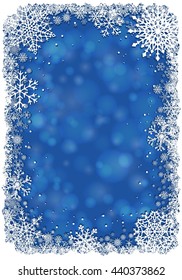 Christmas frame with white snowflakes over blue background. Vector illustration.