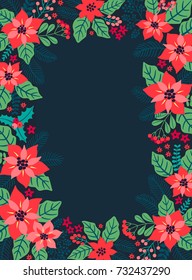 Christmas frame of winter flowers and plants on a dark blue background. Place for your text. Template for fashion design. Creative cards.