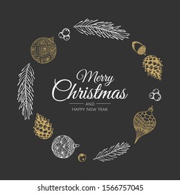 Christmas frame with winter plants. Botanical illustration.