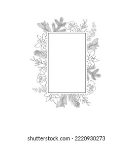 Marco de Navidad con plantas de invierno. Ilustración vectorial.