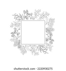Marco de Navidad con plantas de invierno. Ilustración vectorial.