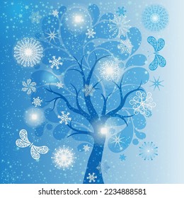 Christmas frame with winter tree, stars and snowflakes and butterflies  - Vector Graphics