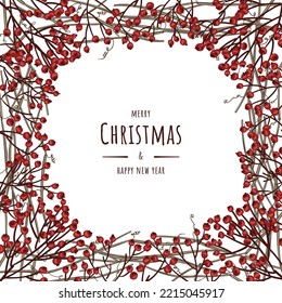 Christmas frame of withe and red berries flat style