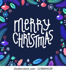 Christmas frame, wreath, made of fir, leaves, branches, balls and Merry Christmas lettering on dark background. Flat style cartoon christmas elements. Vector illustration.