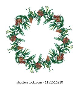 Christmas frame wreath of pine branches and cones.