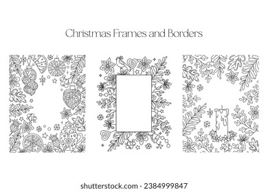 Marcos y fronteras de Navidad. Página de colorear para niños y adultos. Tarjeta de saludo Feliz Año Nuevo 2024, Feliz Navidad. Niños Colorando fotos de libros. Colección de cuadros ornamentados en blanco y negro. 