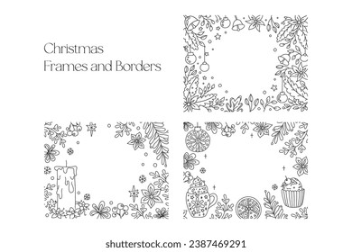 Christmas Frames and Borders set. Coloring page for kids and adults. Greeting card Happy New Year 2024, Merry Christmas. Children Colouring book pictures. Black and white ornate frame collection.