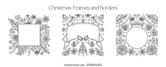 Christmas Frames and Borders set. Coloring page for kids and adults. Greeting card Happy New Year 2024, Merry Christmas. Children Colouring book pictures. Black and white ornate frame collection.