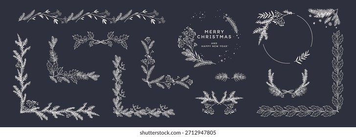 Christmas frames, corners, borders with fir branches, berries, leaves, poinsettia, holly, snowflakes. Winter floral decor. Hand drawn vector illustration in a sketch style