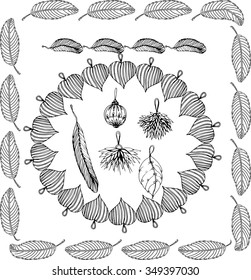 Christmas frames with feathers, decorative balls and branches. Vector pattern for winter and holidays design.