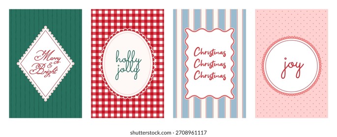 Marcos de la Navidad con el texto festivo en el fondo inconsútil del modelo. Conjunto de marco festoneado ondulado retro. Plantillas de postal de Festiva para Navidad. Fondo a cuadros y rayas. Ilustración vectorial