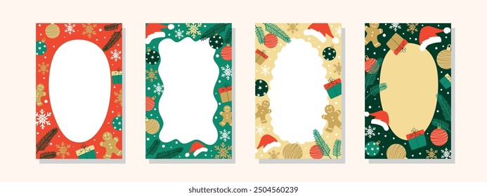 Christmas frames with gift boxes, fir tree, gingerbread man and snowflakes. Vector