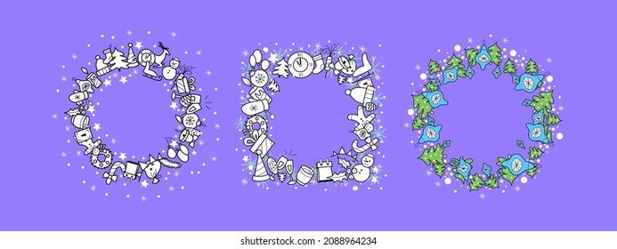 Weihnachtsrahmen auf violettem Hintergrund mit Platz für Text. Symbolsatz für das neue Jahr