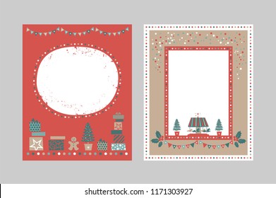 Christmas frames set for congratulations, invitations, postcards. Christmas tree, garland, gift boxes, Carousel with horses, confetti, cookie man, Christmas sweets. For postcard, poster, invitation