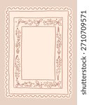 Christmas frames set with cozy cottagecore aesthetic decorative elements. Retro hand drawn charming doodle cottage core border. Vintage Christmas postmark, stamp