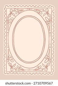 Christmas frames set with cozy cottagecore aesthetic decorative elements. Retro hand drawn charming doodle cottage core border. Vintage Christmas postmark, stamp