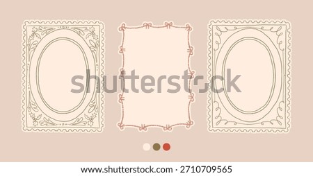 Christmas frames set with cozy cottagecore aesthetic decorative elements. Retro hand drawn charming doodle cottage core border. Vintage Christmas postmark, stamp